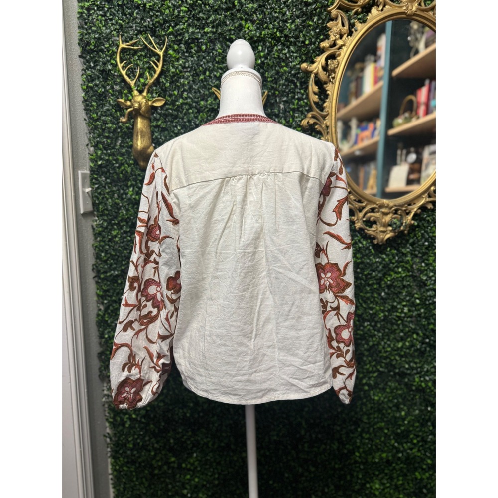 Calypso Floral Embroidered Cotton Flax Peasant Blouse White Boho Womens Largr - Picture 6 of 8